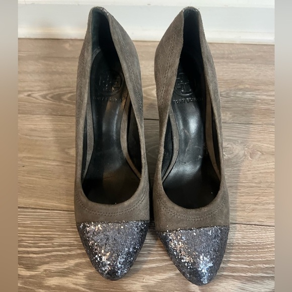 Tory Burch Wedge 8.5 Gray Wedge Sparkle Toe Women's Leather Suede - Picture 8 of 8